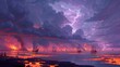 © Elmin - A sea of molten lava stretches to the horizon, where obsidian ships sail on fire-waves under storm clouds crackling with purple lightning.