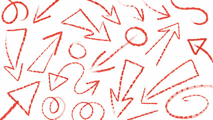Wall Mural - Red crayon style arrows pointing in various directions on a white background with some circular shapes