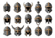 © Rana - Collection of medieval knight helmets and warrior headgear for protection and battle.