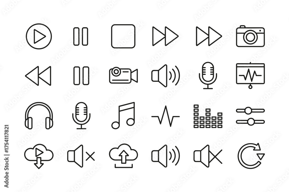 Video and audio media control icons set. Editable line art of playback ...