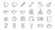 © Renz - Cooking line icons, kitchen utensil and appliance vector set. Chef hat, pot, pan, whisk, microwave, blender, scale, toaster. Food preparation outline culinary symbols.
