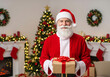 © Laura - Santa Claus holding a wrapped gift in a cozy living room with a twinkling Christmas tree