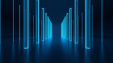 Futuristic abstract background with glowing neon pillars in perspective creating a pathway design concept