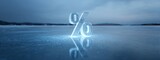 Transparent ice percent symbol on frozen lake. Concept of cold economy, interest rates, winter finance, frozen assets, risk. banner