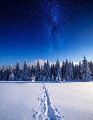 Wall Mural - Beautiful white winter landscape of a snowy forest with frozen trees under a clear mountain sky