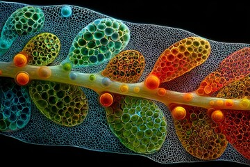 An abstract macro photography composition featuring colorful organic shapes arranged along a stem, surrounded by a intricate net-like structure on a black background.