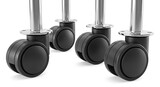 Four black caster wheels on chrome support poles