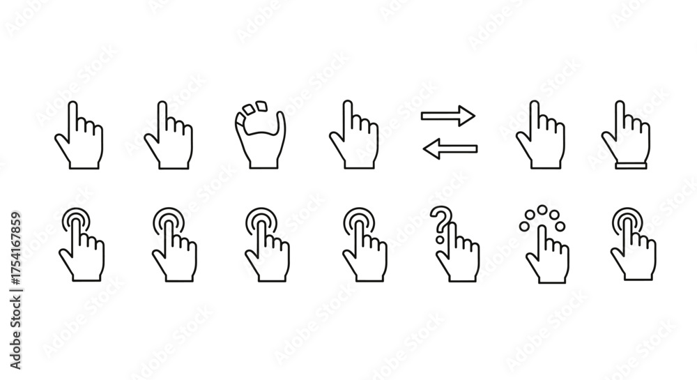 Set of hand cursor line icons. Finger pointing, clicking, tapping ...