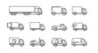 © Jennie - Set of Delivery Trucks and Cargo Vans Line Art Icons for Logistics, Shipping, Transport and Freight Transport Vehicles Outline Vector Illustration