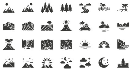 Naklejka na meble Collection of Black Nature and Landscape Icons with Mountains, Trees, Rivers, Volcanoes, Islands, Sunsets, Rainbows, Moon, and Cityscape Elements for Vector Design