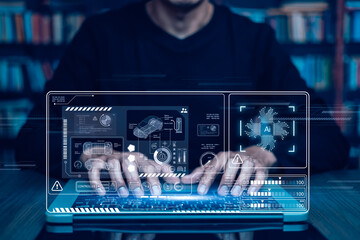 Programmer people working laptops or smartphones with AI, artificial intelligence software engineer coding on laptop computers with technology icons and binary code, big data, Ai bot digital machine