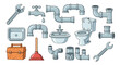 © Rose - Plumbing service icon set. Cartoon vector illustration collection of plumber tools and equipment. Includes toilet, sink, pipes, wrench, and plunger for repair work.