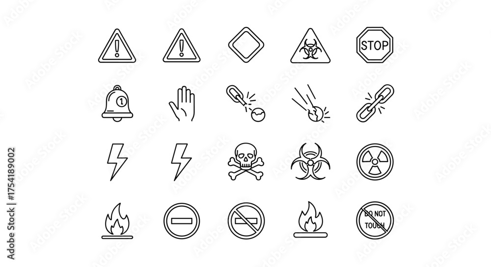 Flammable Editable Thin line editable warning icons set. Minimal hazard, danger, safety ...