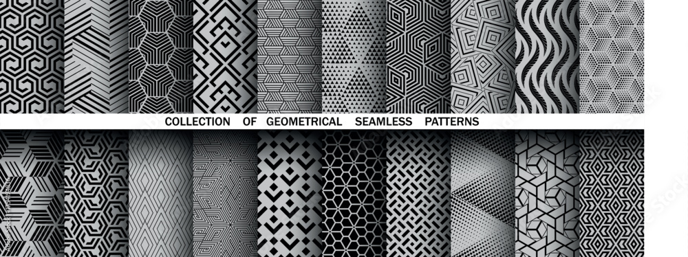 Geometric set of seamless black and gray patterns. Simple vector ...