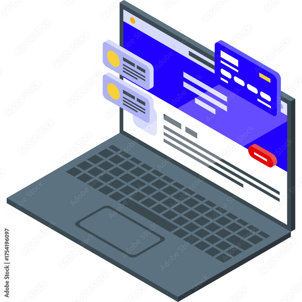 Isometric laptop screen displays website interface with notifications ...
