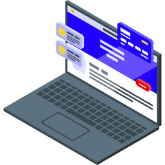 Isometric laptop screen displays website interface with notifications and buttons in a modern digital design with blue and purple accents on a transparent background