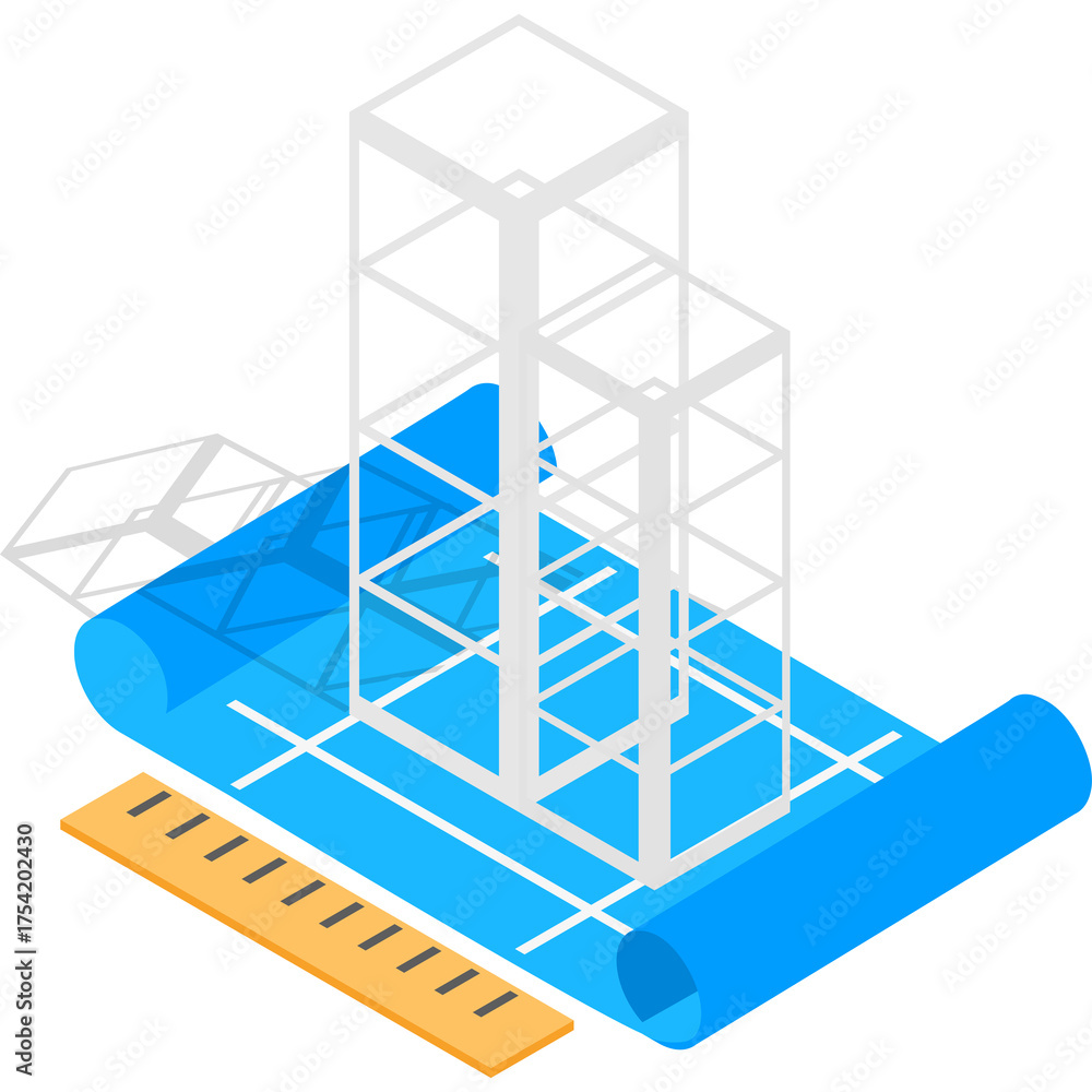 Isometric architectural blueprint with building structure and ruler on ...