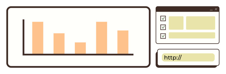 Bar chart displaying data trends, checklist for task management, and URL interface emphasizing productivity. Ideal for data analysis, web design, workflow optimization, research, monitoring, task