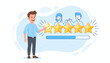 © Alma - Customer service experience concept. Businessman client giving a five star rating for online support. Man leaving satisfaction review with positive feedback. Excellent quality.
