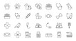 © Jake - Collection of Linear Pet Care Icons with Dog, Cat, Veterinary Tools, Medication, Food Bowls, Fish, Bone, Bird, and Grooming Items for Animal Health and Wellness