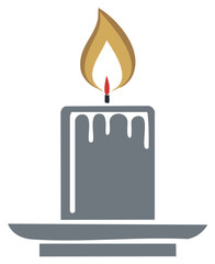 Wall Mural - Single lit candle with dripping wax and golden flame on a white background