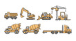 © Jennifer - Set of construction machinery. Heavy equipment for building. Dumper, excavator, bulldozer, crane, forklift, concrete mixer truck. Vector line art icon pack illustration.