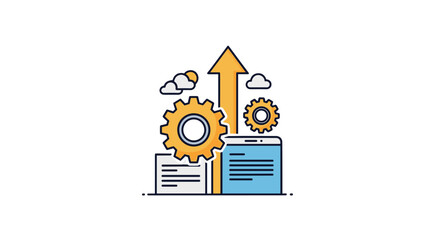 Business growth and development concept vector icon. Workflow optimization process and productivity technology. Progress arrow up. Cloud computing, data analysis on screen. Success.