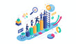 © Krizza - Isometric business growth concept with people climbing bar graph, financial charts, global economy, idea bulb, and upward arrows symbolizing success and strategy