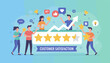 © Krizza - Customer satisfaction concept illustration: diverse people giving star ratings, feedback, and thumbs up, symbolizing service quality and positive reviews with a rising graph.