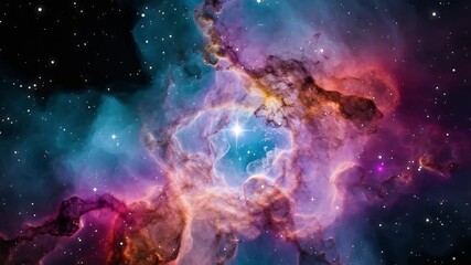 The Stars And Blue Nebula In Space. Galaxy exploration through outer space towards glowing milky way galaxy.	
