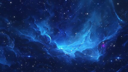 The Stars And Blue Nebula In Space. Galaxy exploration through outer space towards glowing milky way galaxy.	
