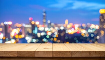 Wall Mural - Wooden table in focus with a blurred city skyline at dusk, showcasing vibrant lights and urban life