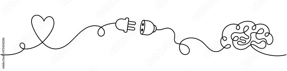 Continuous line drawing of a heart, electric plug, and brain connected ...