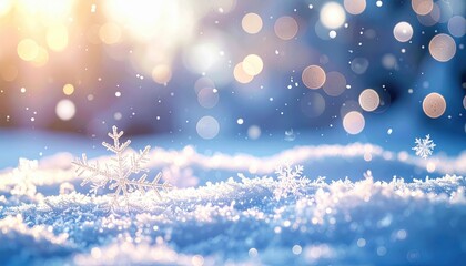 Wall Mural - Snowflakes glistening on a snowy landscape with soft bokeh lights and a warm sunset in the background
