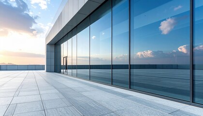 Wall Mural - Modern glass building reflecting clouds at sunset with an empty terrace and serene ocean view