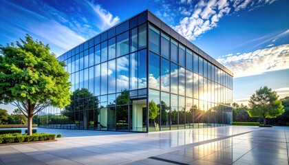 Wall Mural - Modern glass building reflecting sunset, surrounded by lush greenery and clear blue skies