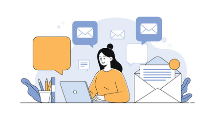 Young woman uses laptop and email to communicate with others in a modern office setting.