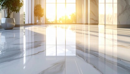 Wall Mural - Modern interior space with polished marble floor reflecting sunlight through large windows at sunset