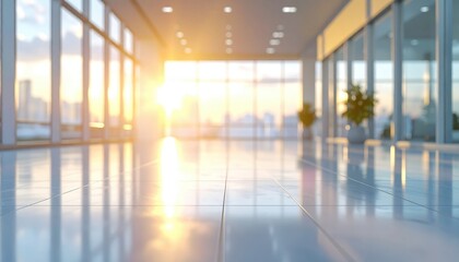 Wall Mural - Modern office interior with sunlit glass walls, reflecting city skyline at sunset, serene atmosphere