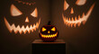 © Arsin Siregar S.IP - Mysterious Pumpkin Shadows: A jack-o'-lantern carved with a menacing grin stands center stage, casting eerie shadows of a pair of grinning faces across the room's corners.