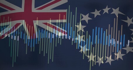 Wall Mural - Displaying graphic combining Union Jack flag, EU star circle, colorful data bars on navy background