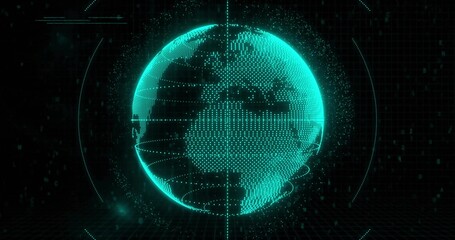 Wall Mural - Projecting holographic turquoise globe rotating in virtual grid space, with dotted data points