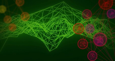 Wall Mural - Animating green wireframe mesh in digital graphic, with red magenta nodes and orange circles