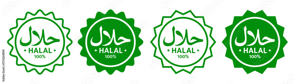 Halal icons and logos set featuring round seals for food, drinks and ...