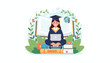 © Jhen - Vibrant vector illustration of a happy female student in graduation attire, sitting cross-legged on a stack of books with a laptop, symbolizing education, knowledge, and academic achievement