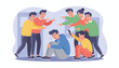 © April - Vivid illustration depicting the painful reality of bullying, showing a distressed young man sitting alone on the floor, hunched over in sadness, while a group of peers surrounds him, pointing