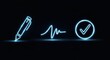 © Naima - Digital holographic document signing icons — pen, signature, and approval check — glowing light-blue on black background