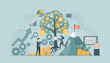 © Jhobert - Vibrant flat illustration depicting business growth and financial success, featuring a money tree with puzzle pieces, rising charts, stacks of coins, a mountain peak with a flag, and business people