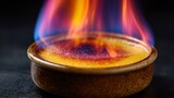 Artistic shot of caramelized sugar torching process, flame above Crema Catalana, dark background, copy space