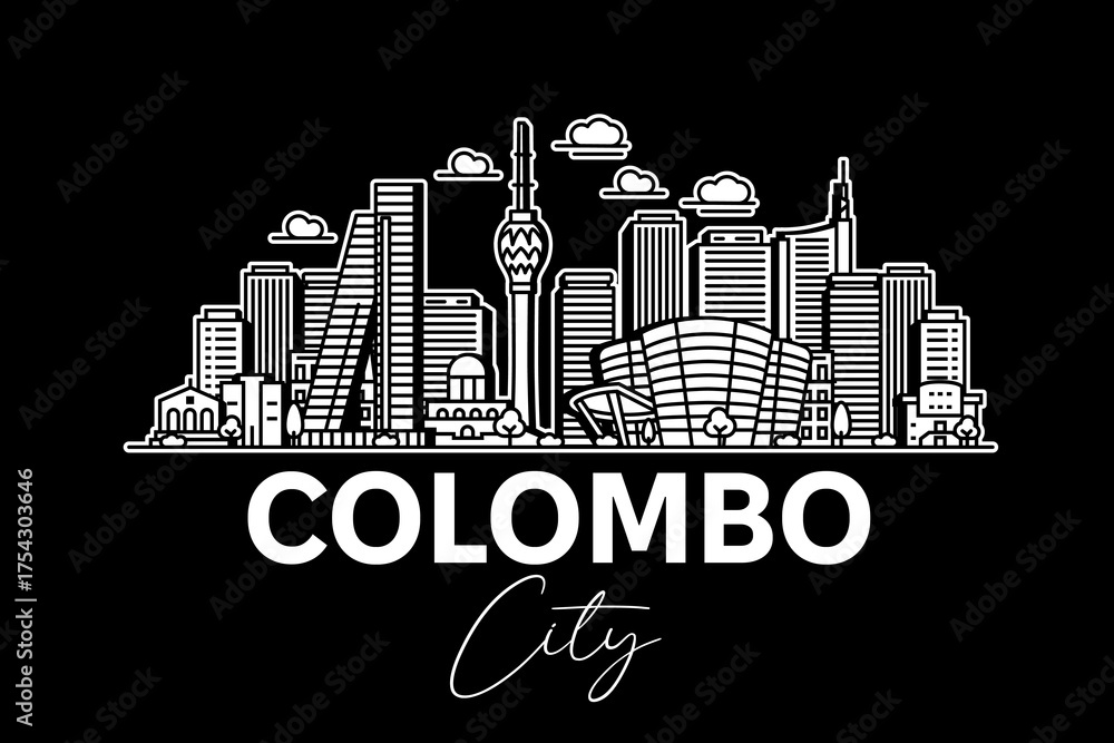 Colombo, Sri Lanka architecture line skyline illustration with shadows ...